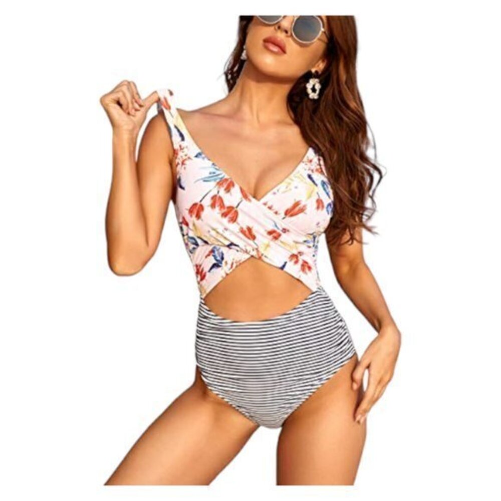 V-Neck Cutout High Waisted Wrap Floral Ruched Swimsuit Size Large EUC #2150
